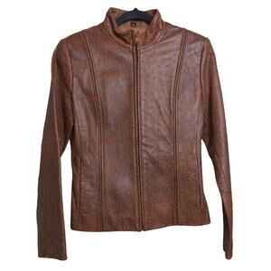 London Underground Moto Jacket Brown Animal Print Ostrich Leather Mandarin S